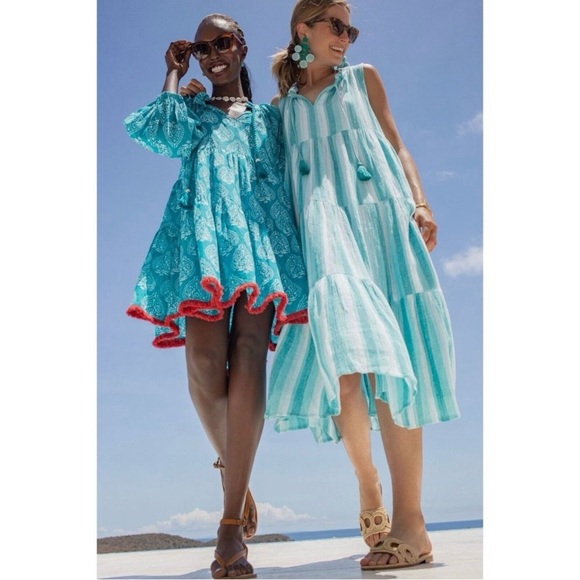 TUCKERNUCK Tropical Teal Lantern Block Print Tie Neck Coverup Dress Size Medium - Picture 13 of 14